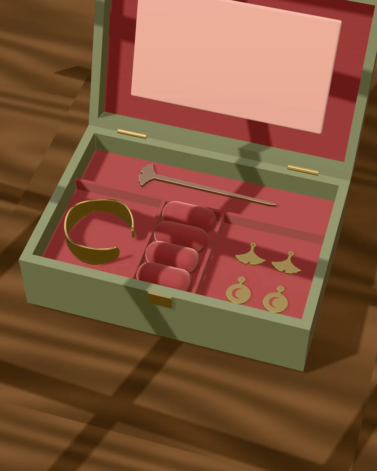 An open jewelry box lined in velvet, holding a hair stick, a cuff and two pairs of earrings
