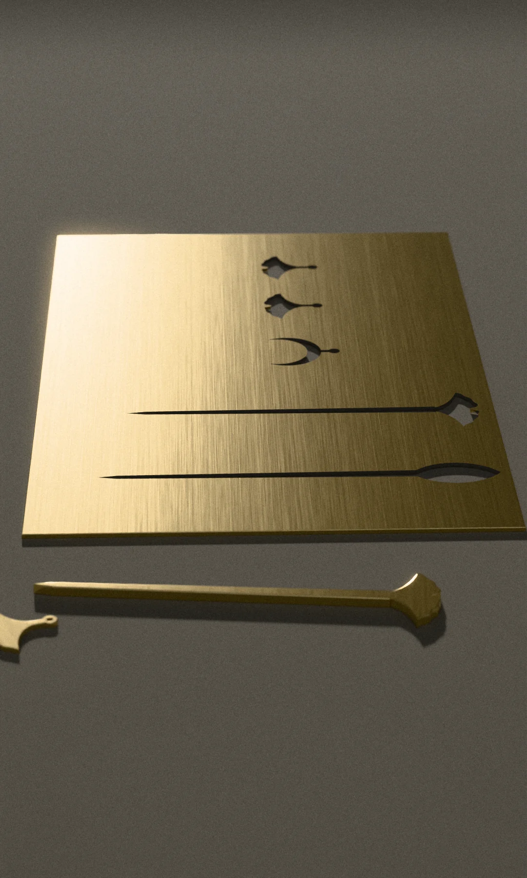 A sheet of brass with earrings and hair sticks cut out of it, the pieces laid beside their voids